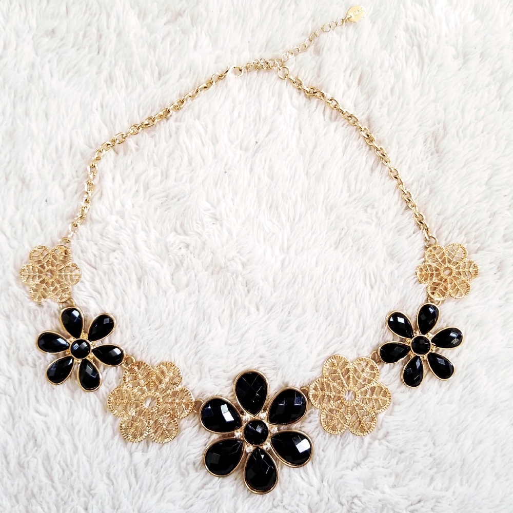 DryGoods floral black and gold statement necklace